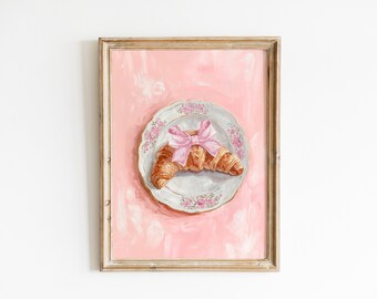 croissant with bow pink coquette wall art, preppy soft aesthetic apartment print, kitchen painting poster, trendy french Granddaughter art