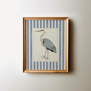 Blue Heron Wall Art Printable, Coastal Bird Print, Striped Nursery Decor, Cottage Lake House Digital Download
