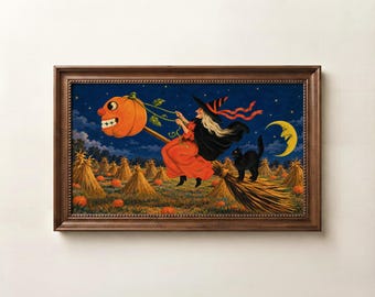 Sztuka telewizyjna w stylu vintage z ramką na Halloween, zabawna dyniowa łata czarownic w stylu retro, nostalgiczny wystrój na Halloween, fantazyjna jesienna sztuka telewizyjna, pobieranie cyfrowe