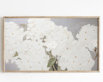 white hydrangea Frame Tv Art, flowers neutral grey modern artwork for the frame tv, cottagecore country farmhouse