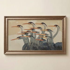 Quadro TV astratto con aironi, salvaschermo moderno e neutro con uccelli costieri. immagine 2