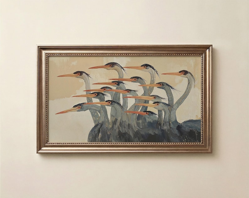 Quadro TV astratto con aironi, salvaschermo moderno e neutro con uccelli costieri. immagine 2