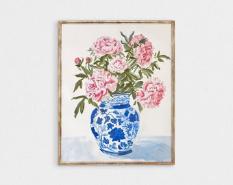 Pink Peonies Chinoiserie blue vase print, pink aesthetic apartment wall art, Grandmillennial poster, Coastal Granddaughter decor