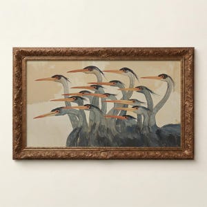 Quadro TV astratto con aironi, salvaschermo moderno e neutro con uccelli costieri. immagine 1