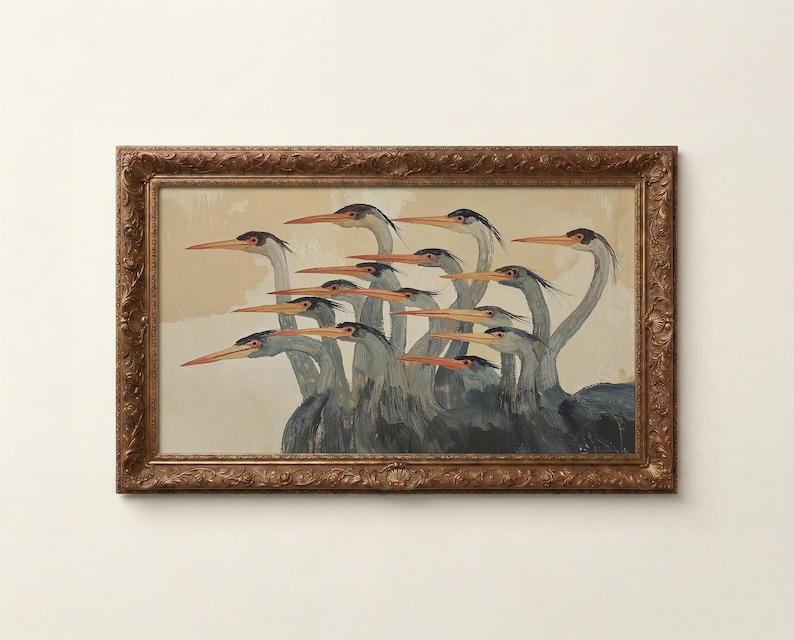 Quadro TV astratto con aironi, salvaschermo moderno e neutro con uccelli costieri. immagine 1