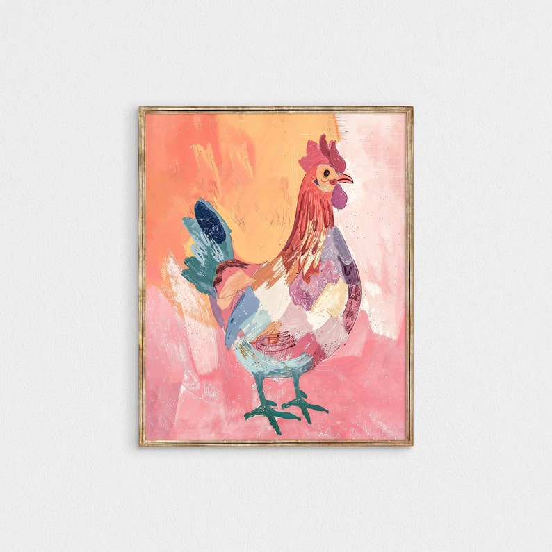 colourful Chicken print, hen kitchen wall art, dopamine decor printable art image 1