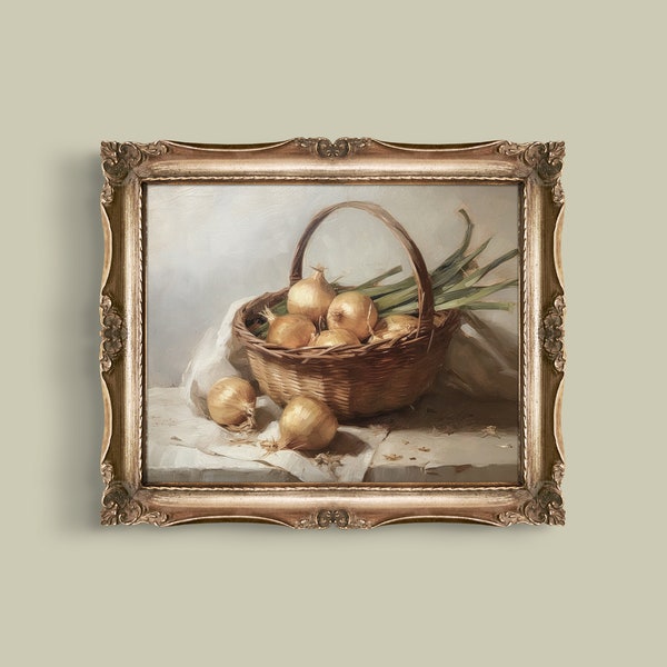 Onions digital still life oil printable, light academia decor french country kitchen wall art, digital download, neutral kitchen print