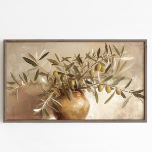 May include: A painting of a still life featuring a brown ceramic vase filled with olive branches and green olives.