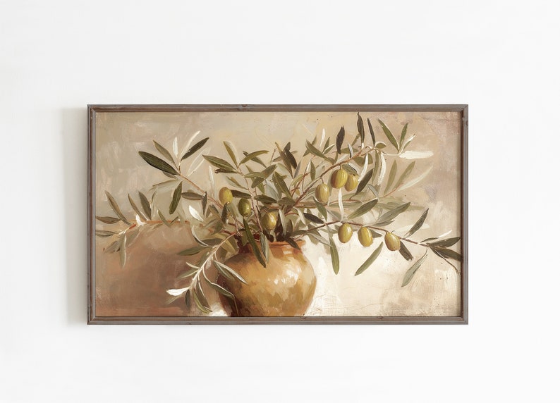 May include: A painting of a still life featuring a brown ceramic vase filled with olive branches and green olives.