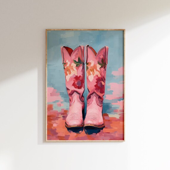 Cowgirl Boots Print Coastal Pink Painting Poster Western Nursery