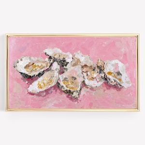 Moldura para TV com pintura de conchas de ostra rosa, protetor de tela de praia neutra e costeira, litoral texturizado