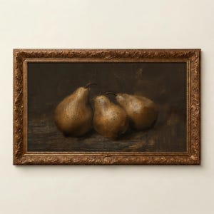 Frame TV Pear Still Life Painting, Moody Rustic Kitchen Screensaver, Dark Brown Vintage Fruit Painting