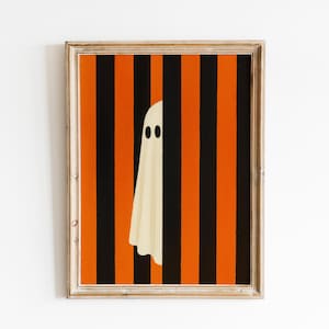 ghost print, Orange striped Retro Halloween wall art, summerween decor, Printable Art sheet ghost Cozy Spooky artwork, Digital download