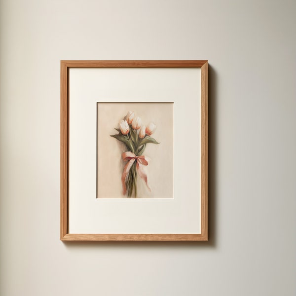 Soft floral painting, tulips bouquet wall art, neutral Aesthetic spring Flowers Print, pastel bow poster Modern Farmhouse, Downloadable art