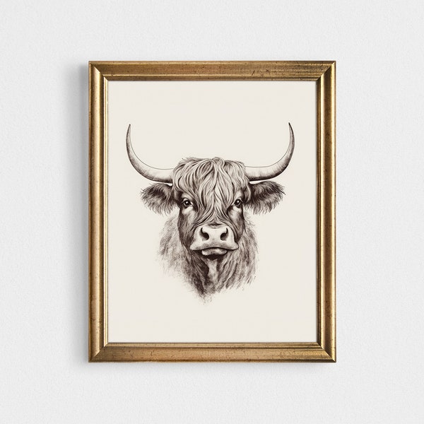 highland cow Sketch print,  southern farmhouse Nursery minimalist wall Art, Warm neutral ranch farm Animal drawing Printable art