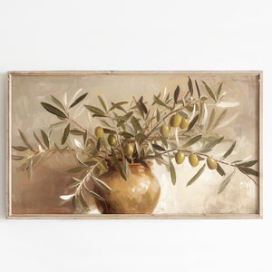 May include: A framed painting of a still life featuring a terracotta vase filled with olive branches and green olives.