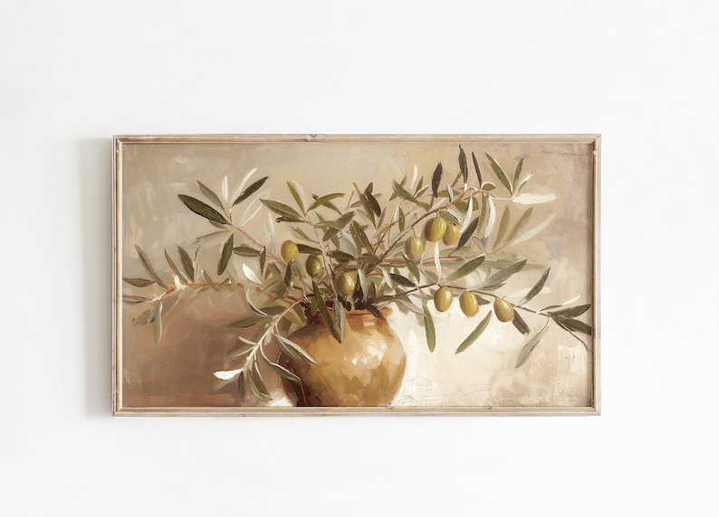 May include: A framed painting of a still life featuring a terracotta vase filled with olive branches and green olives.