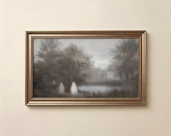 Ghost Frame TV Art, Moody Halloween Samsung Frame TV Download, Vintage Spooky Landscape, Cute Ghost Fall TV Art.