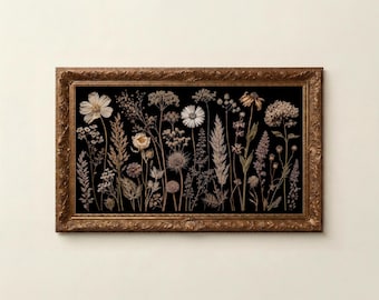 Dried Flower Frame TV Art, Black Background Botanical Samsung Frame TV Download, Pressed Wildflower TV Art, Vintage Floral Decor