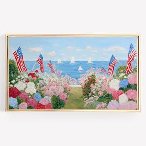 Frame TV Art 4th of July, Patriotic Summer Garden, Independence Day Coastal Hydrangeas and American Flags with Sailboats, Digital Tv Artwork