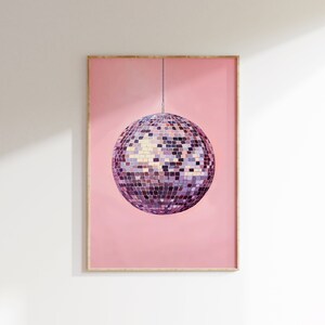 pink disco ball print, retro apartment poster, disco cowgirl Funky aesthetic girly dorm room wall art, dopamine decor digital download
