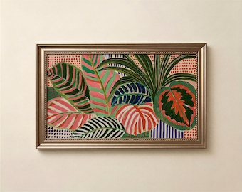 Marco de hojas para televisión, arte decorativo, moderno, botánico, colorido, tropical.