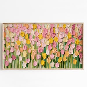 Può includere: Dipinto incorniciato raffigurante un campo di tulipani strutturati nei toni del rosa, giallo e arancione. L'opera d'arte ha uno stile spesso, a impasto, con pennellate visibili. I tulipani sono ambientati su uno sfondo verde.