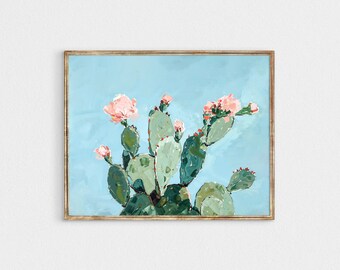 cactus print, blue western aesthetic wall art, soft apartment poster, mexican colorful boho wall decor