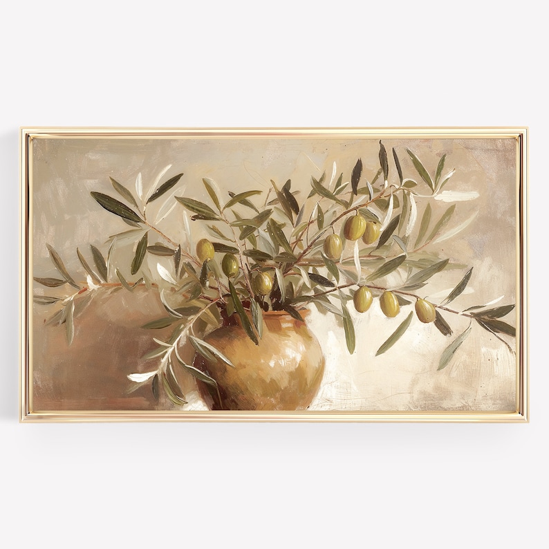 May include: A painting of a terracotta vase filled with olive branches and green olives. The vase is on a light brown background.