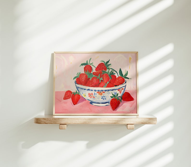 strawberry wall art print, strawberries bowl printable art image 1