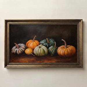 Pumpkin Still Life TV Art, Dark Moody Autumn Decor, Fall thanksgiving Painting, Farmhouse Decor, Digital Download