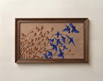 Jesienny Blue Bird Flock TV Art, Nowoczesna sztuka ludowa Jesienne dzieła sztuki telewizyjnej, Pobieranie cyfrowe