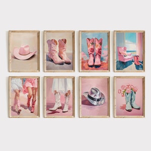 Kust roze cowgirl laarzen kunst aan de muur set van 8, downloadbare westerse preppy prints, slaapzaal girly posters afdrukbaar