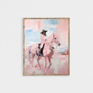 pink cowgirls print, abstract western horse oil painting poster, coastal preppy dorm western girly room wall art, boho digital download