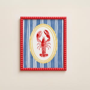Red Lobster Wall Art Printable, Coastal Preppy blue striped  kitchen Print, ocean cottage stripes poster, New England Beach House wall decor