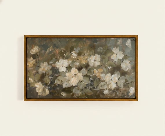 Frame TV art spring floral painting, white moody flowers tv screensaver, neutral green tv background