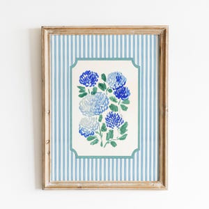 Blue white Floral Wall Art Printable, Preppy Stripes Coastal Grandmillennial botanical print, Blue sage mums modern southern floral wall art