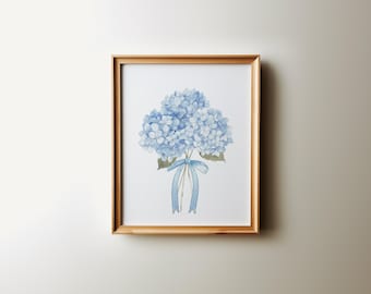 Blue Hydrangea Printable Wall Art, Watercolor Floral Print, Botanical Flower Digital Download, Coastal Cottage Nursery Decor