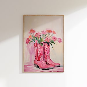 Pink Cowgirl boots Painting print, Western Aesthetic nursery printable art, Country dorm room wall art, Boho girly poster digital download