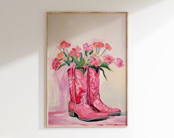 Pink Cowgirl boots Painting print, Western Aesthetic nursery printable art, Country dorm room wall art, Boho girly poster digital download