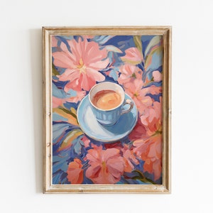 pink and blue aesthetic apartment wall art,  coffee painting print,Bright and Colorful, Coastal Granddaughter dorm art