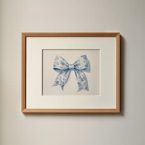 blue bow chinoiserie nursery print, grandmillenial wall art, blue willow coquette room decor, coastal grandaughter painting, preppy poster