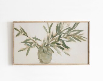 Olive Branch Summer Frame TV Art: Neutral Green Screensaver , Digital Download