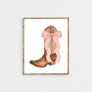 bow Cowgirl boots print, nursery pink bow wall art,  Western coquette dorm room poster,  coastal cowgirl decor digital download