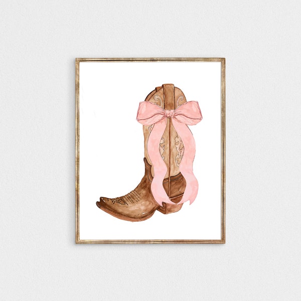 bow Cowgirl boots print, nursery pink bow wall art,  Western coquette dorm room poster,  coastal cowgirl decor digital download