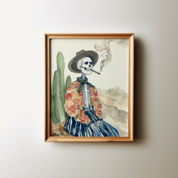 skeleton wall Art, funny halloween Western aesthetic print, Digital Printable Art