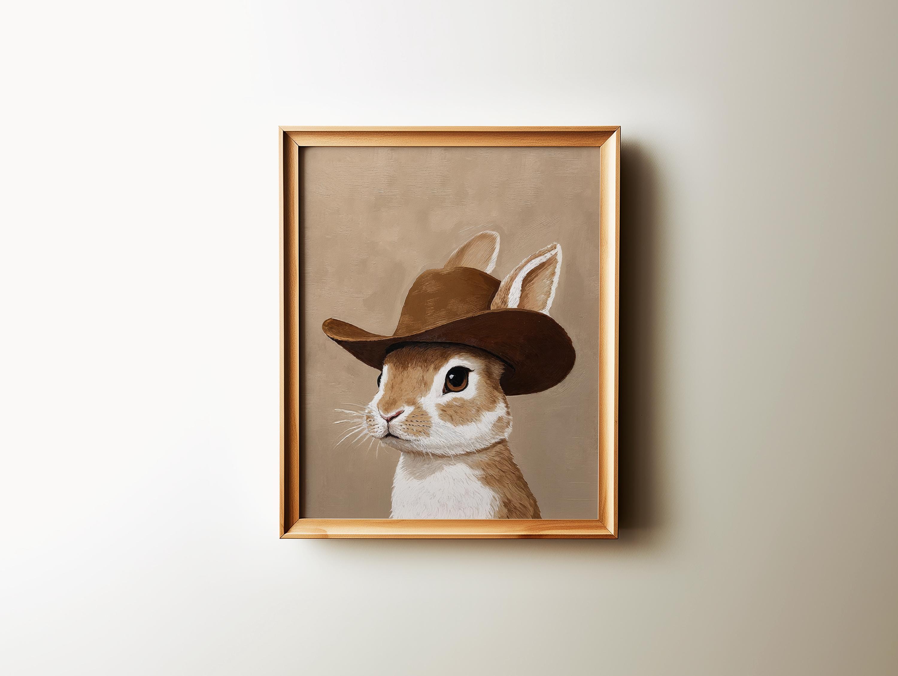 rabbit cowboy print, spring brown western nursery printable art, bunny neutral boy room animal wall art, cowboy hat, Digital Download