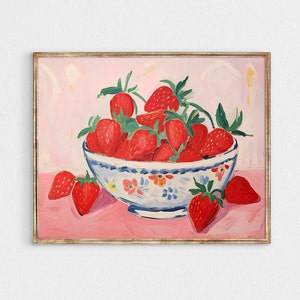 retro strawberry Print, girly pink aesthetic Kitchen wall art, grandmillenial flower market poster, Trendy strawberries decor printable art