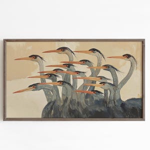 Quadro TV astratto con aironi, salvaschermo moderno e neutro con uccelli costieri. immagine 6