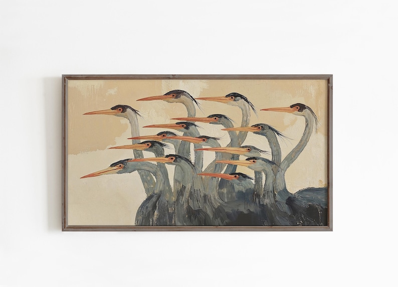Quadro TV astratto con aironi, salvaschermo moderno e neutro con uccelli costieri. immagine 6